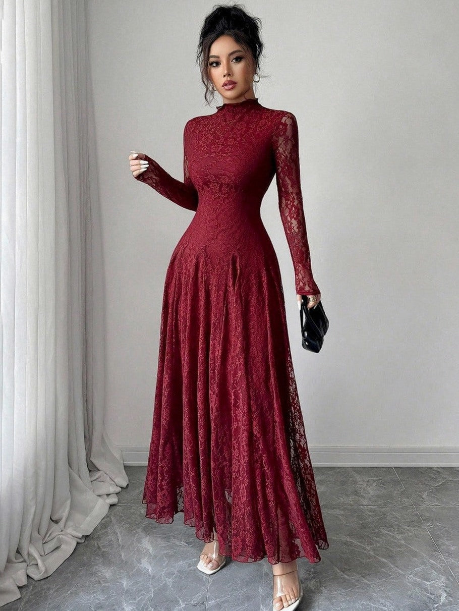 Lace High Neck Long Sleeve Modest Maxi Dress