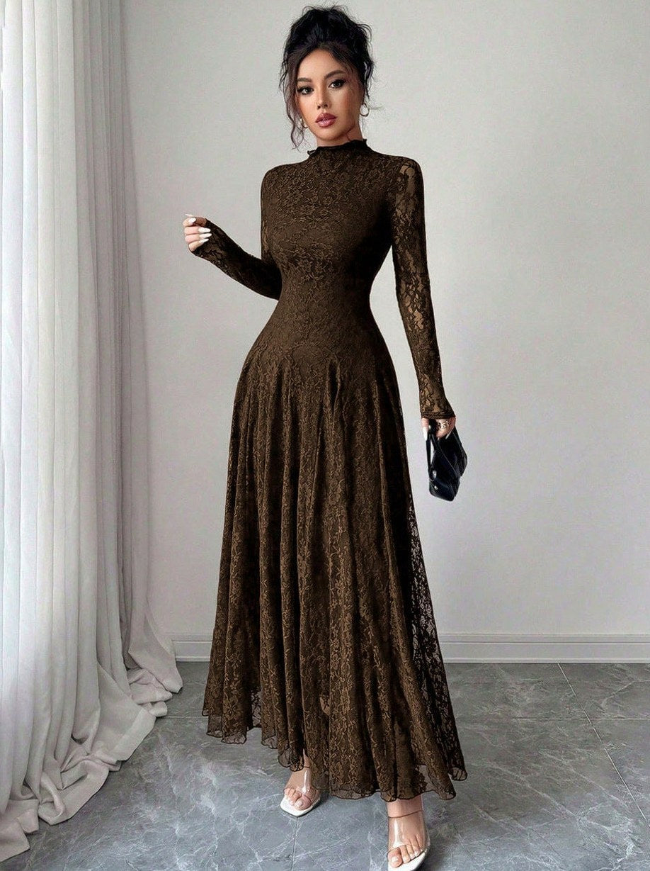 Lace High Neck Long Sleeve Modest Maxi Dress