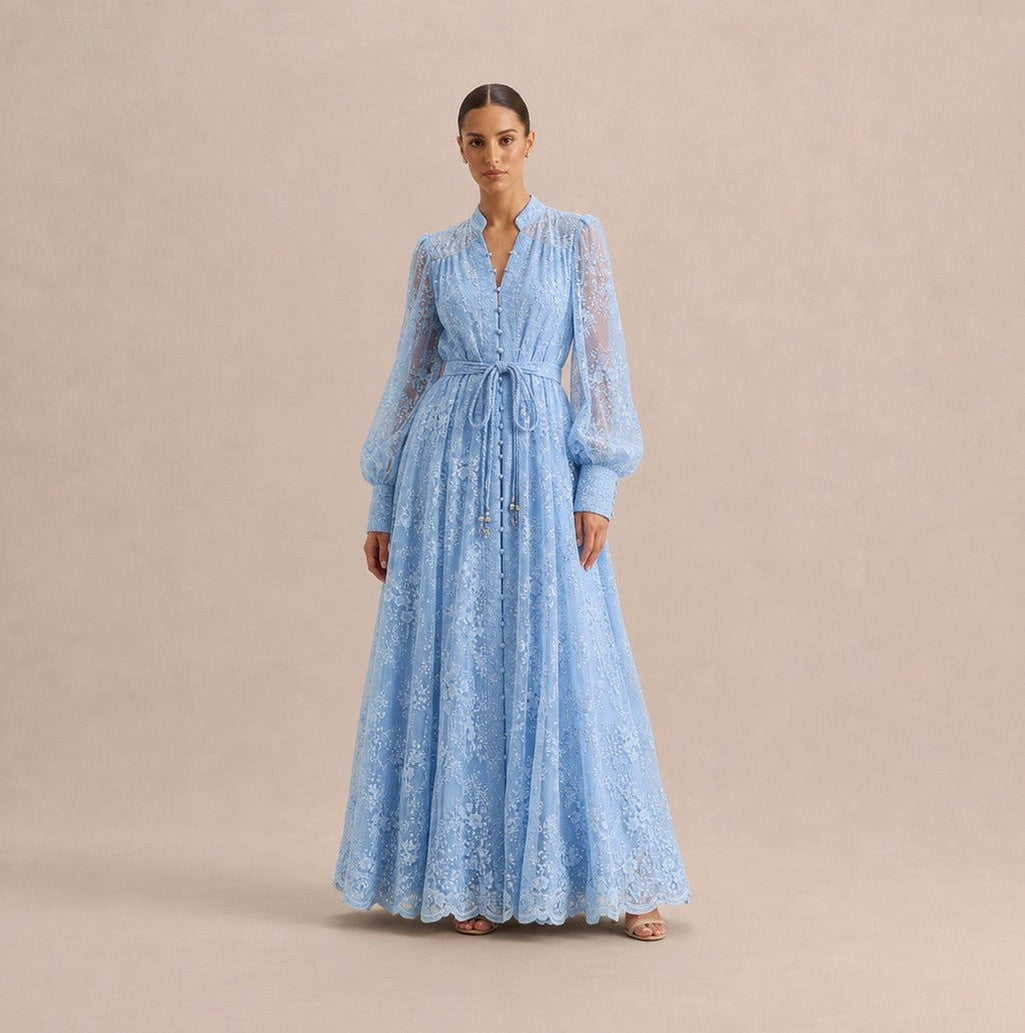 Lace Button Front Balloon Sleeve Maxi Dress