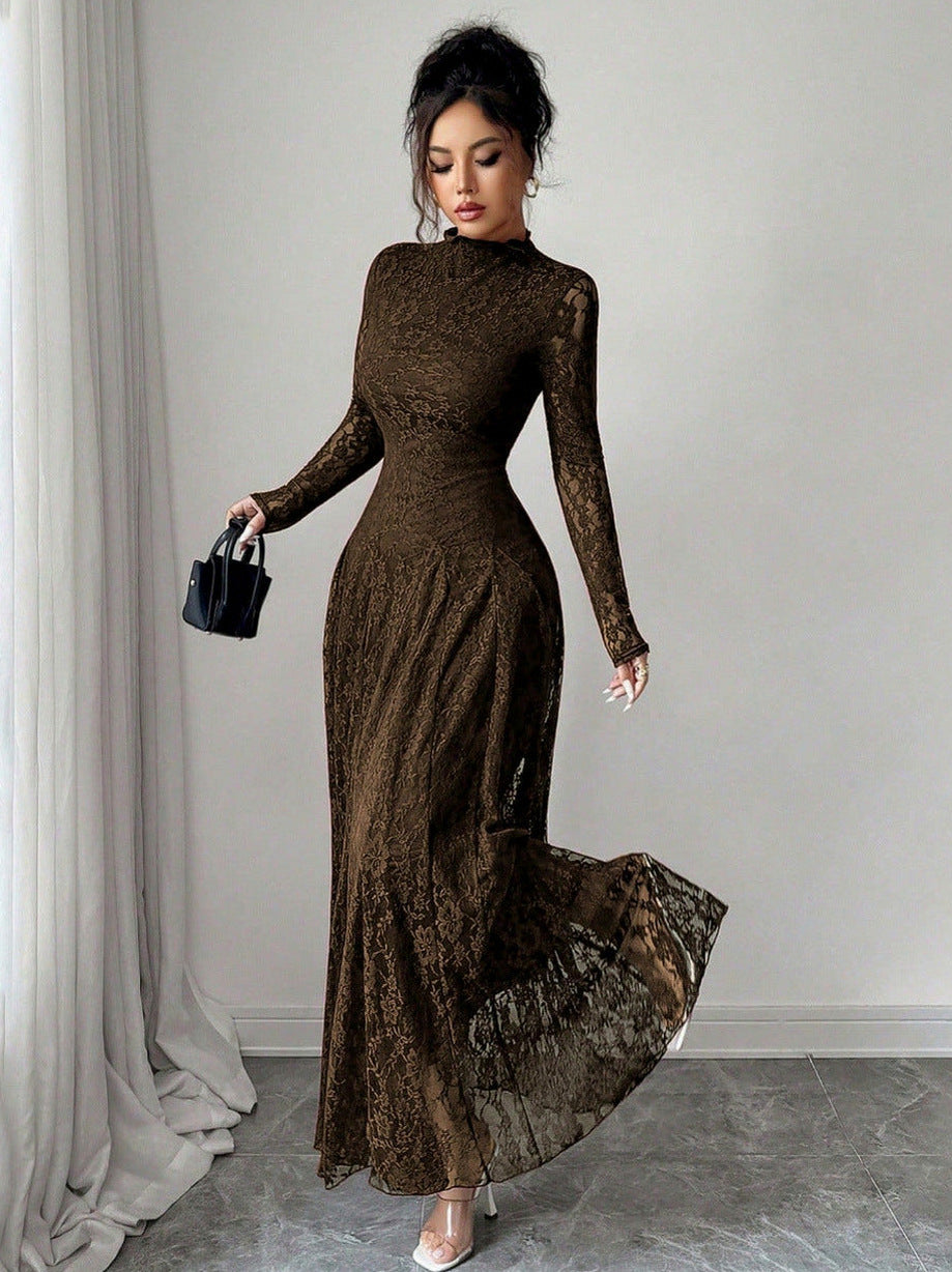 Lace High Neck Long Sleeve Modest Maxi Dress