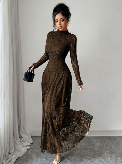 Lace High Neck Long Sleeve Modest Maxi Dress
