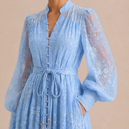 Lace Button Front Balloon Sleeve Maxi Dress