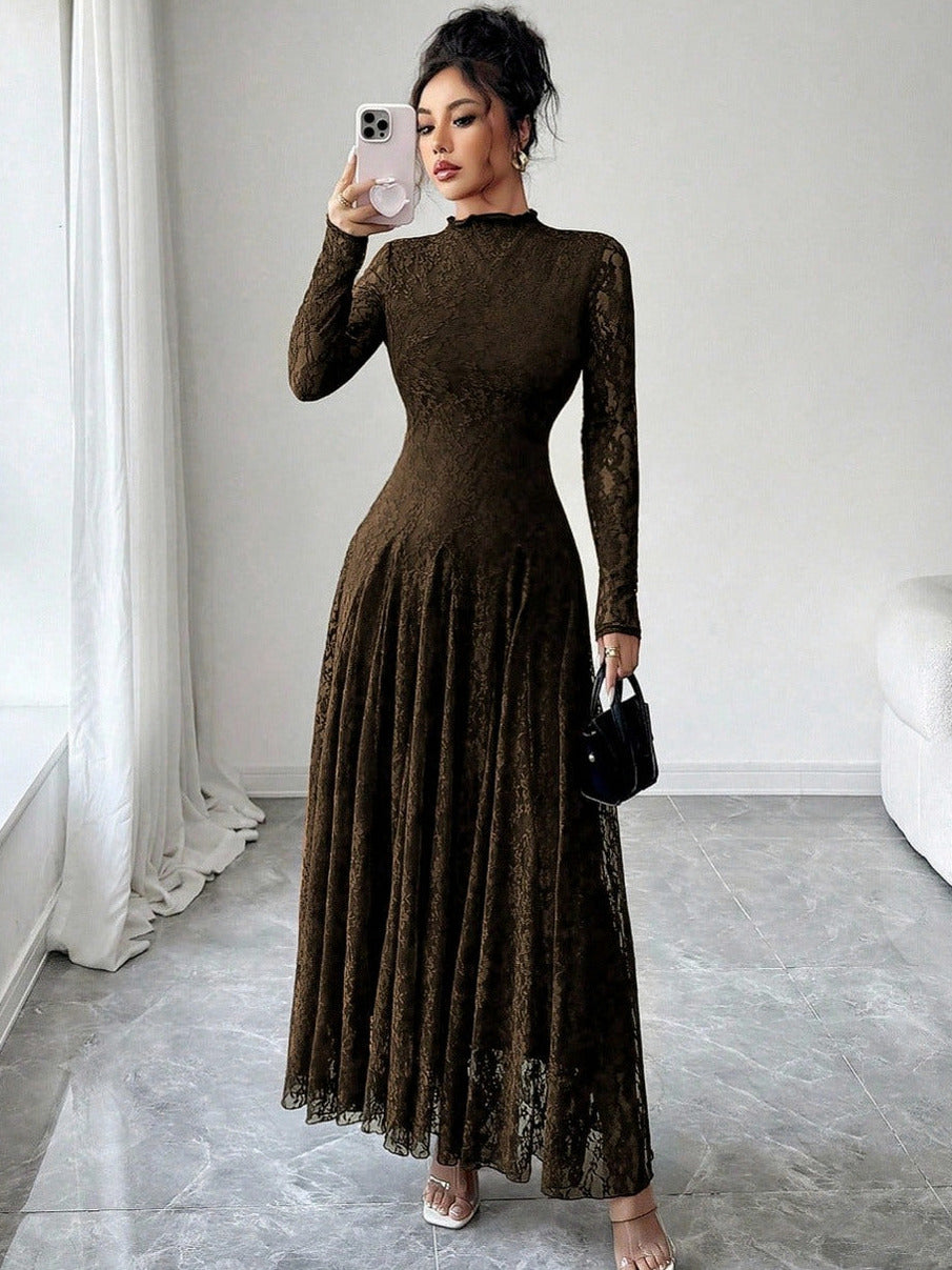 Lace High Neck Long Sleeve Modest Maxi Dress