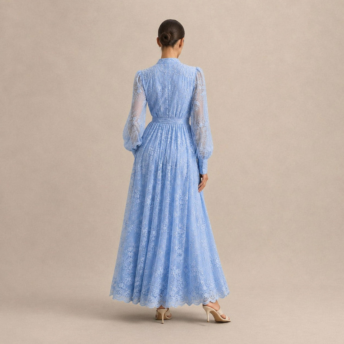 Lace Button Front Balloon Sleeve Maxi Dress