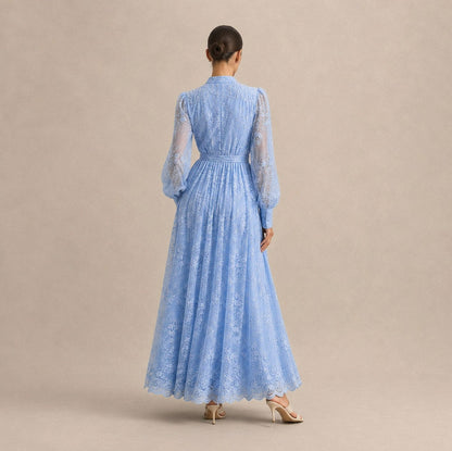 Lace Button Front Balloon Sleeve Maxi Dress