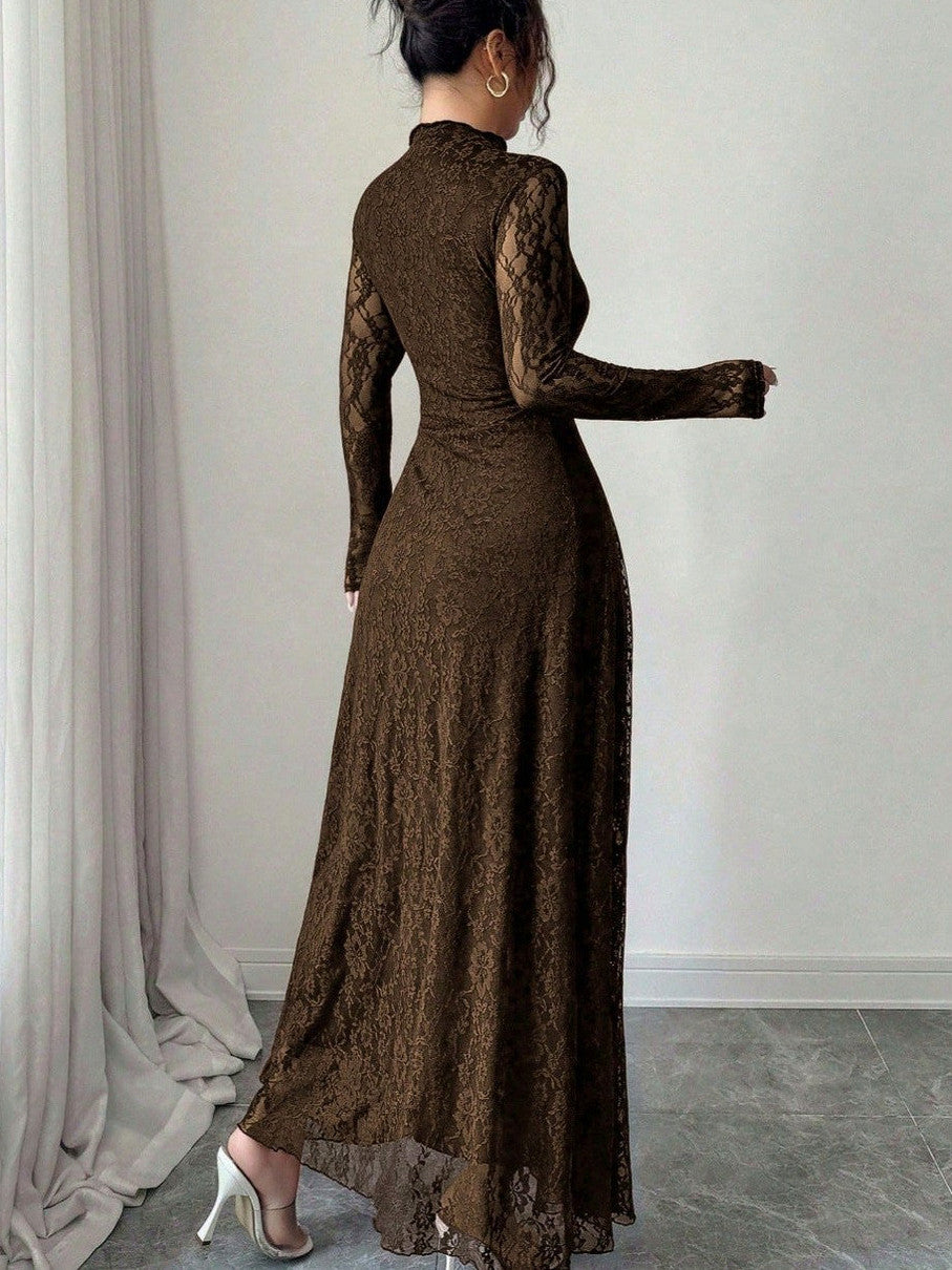 Lace High Neck Long Sleeve Modest Maxi Dress