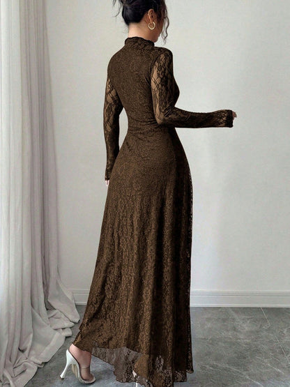 Lace High Neck Long Sleeve Modest Maxi Dress