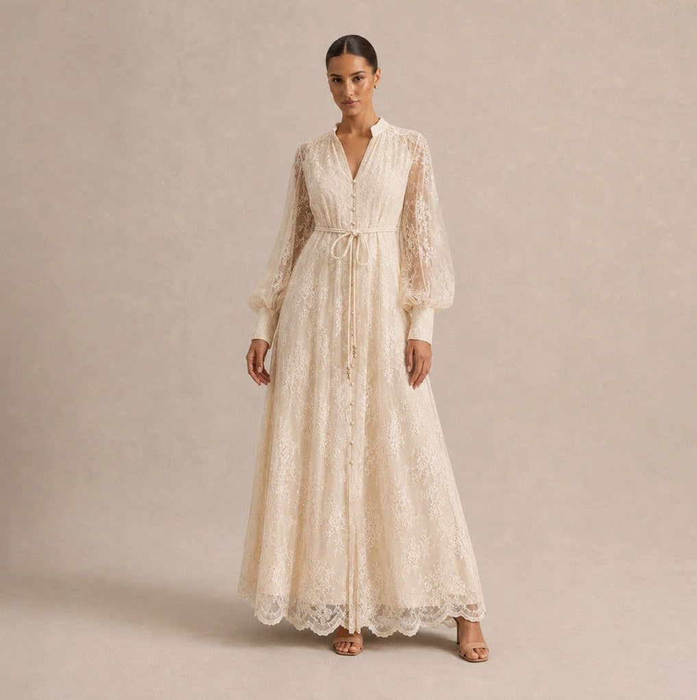 Lace Button Front Balloon Sleeve Maxi Dress