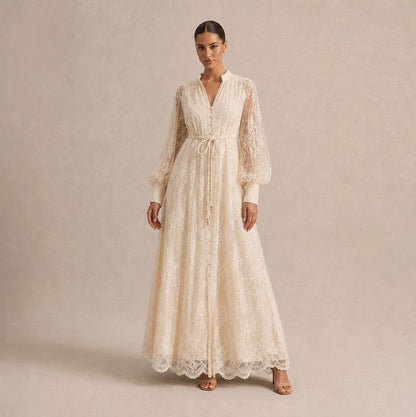 Lace Button Front Balloon Sleeve Maxi Dress