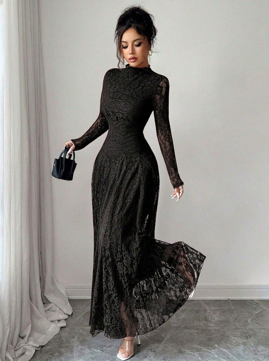 Lace High Neck Long Sleeve Modest Maxi Dress