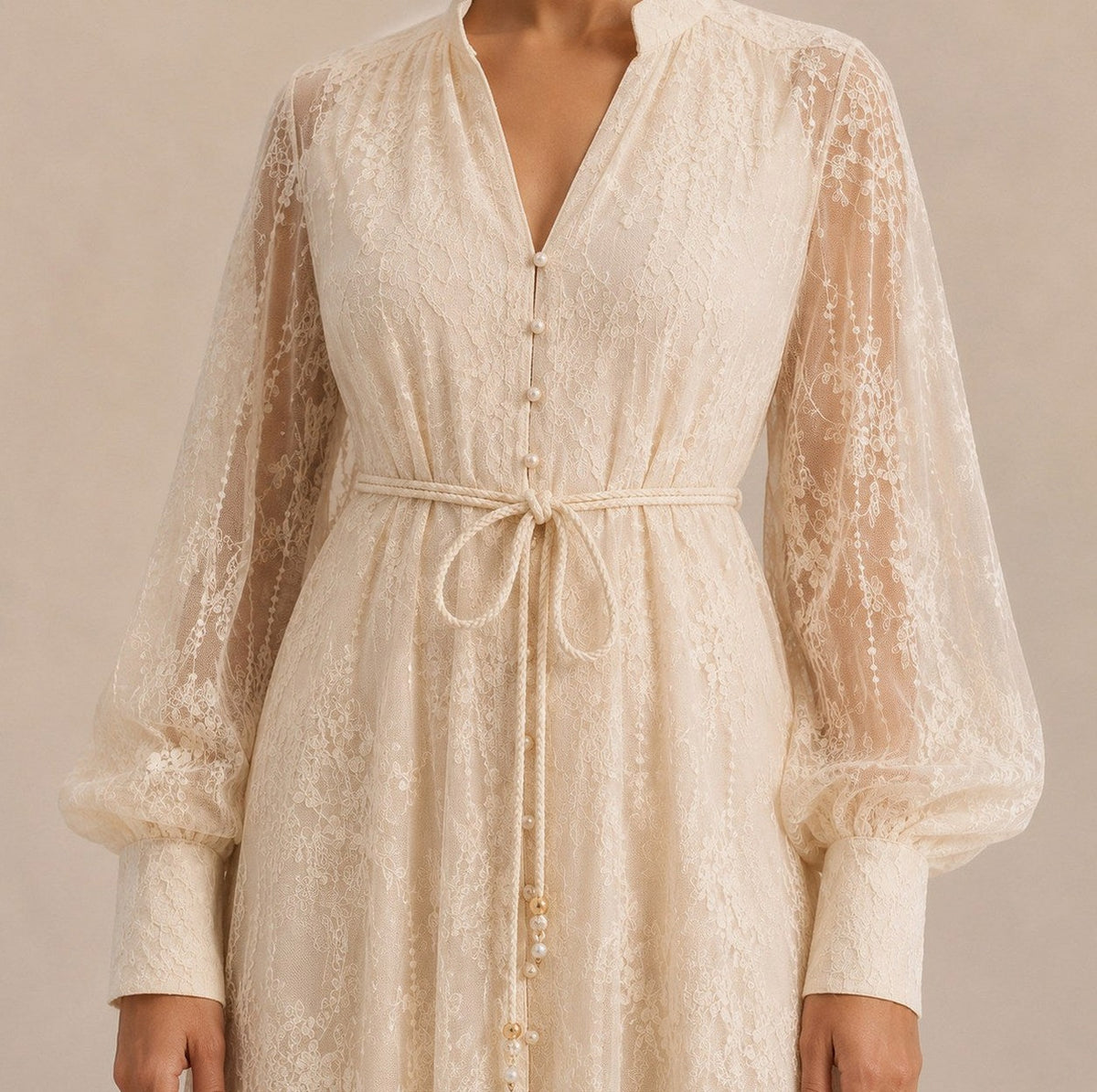 Lace Button Front Balloon Sleeve Maxi Dress