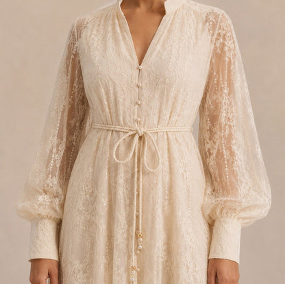 Lace Button Front Balloon Sleeve Maxi Dress