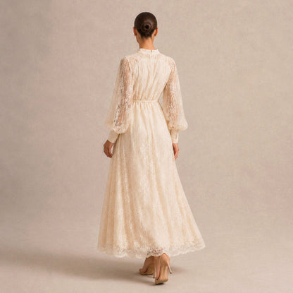 Lace Button Front Balloon Sleeve Maxi Dress