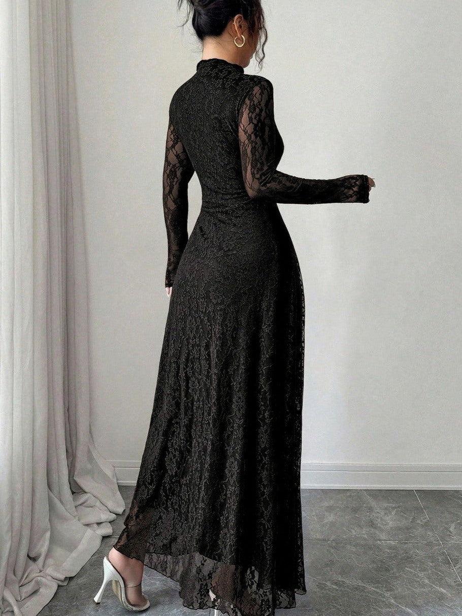 Lace High Neck Long Sleeve Modest Maxi Dress