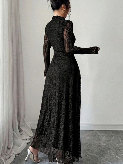 Lace High Neck Long Sleeve Modest Maxi Dress