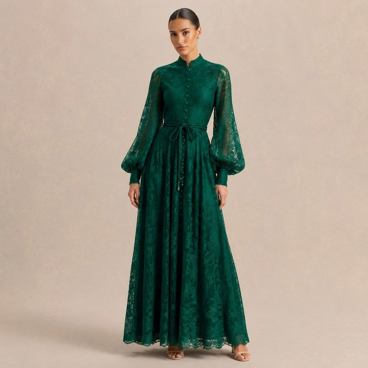 Lace Button Front Balloon Sleeve Maxi Dress