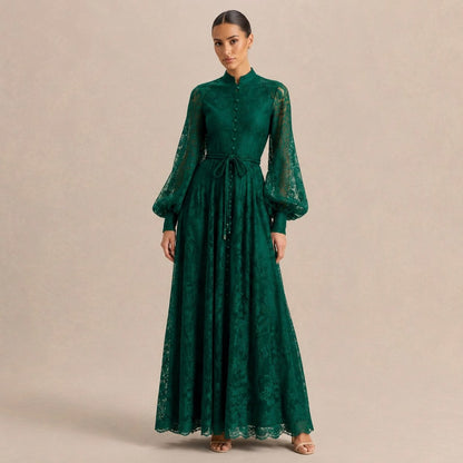 Lace Button Front Balloon Sleeve Maxi Dress