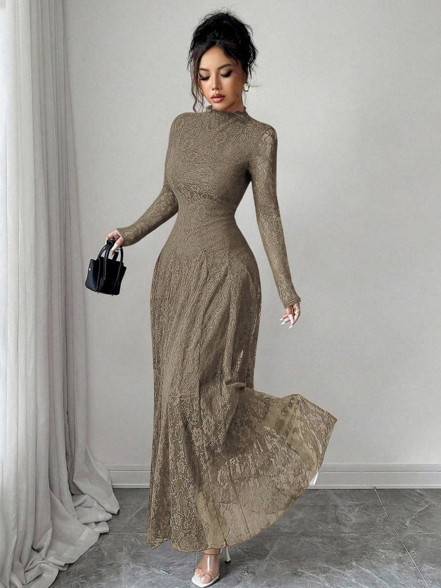 Lace High Neck Long Sleeve Modest Maxi Dress