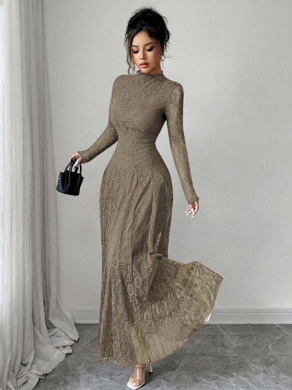 Lace High Neck Long Sleeve Modest Maxi Dress