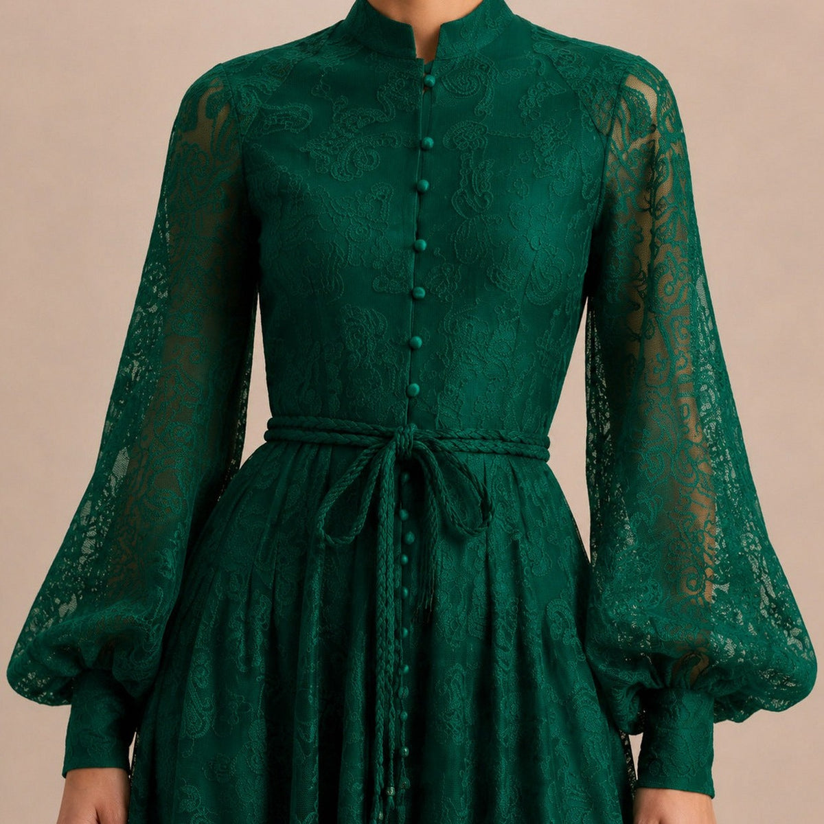 Lace Button Front Balloon Sleeve Maxi Dress
