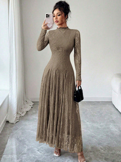 Lace High Neck Long Sleeve Modest Maxi Dress