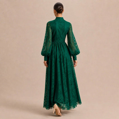 Lace Button Front Balloon Sleeve Maxi Dress