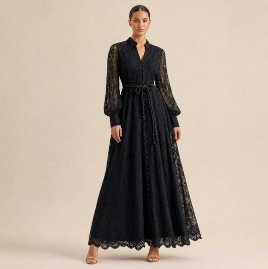 Lace Button Front Balloon Sleeve Maxi Dress