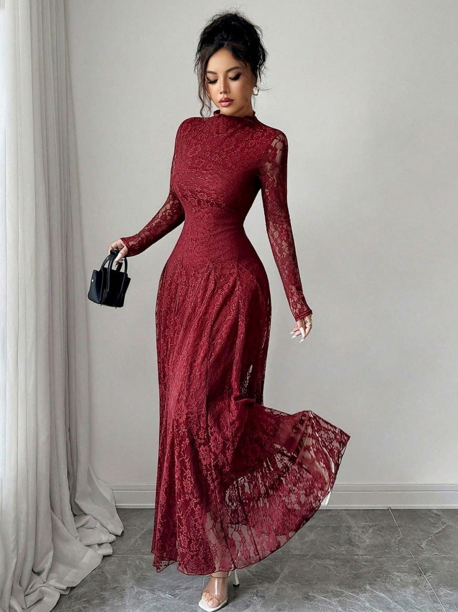 Lace High Neck Long Sleeve Modest Maxi Dress