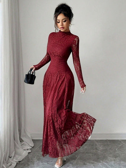Lace High Neck Long Sleeve Modest Maxi Dress