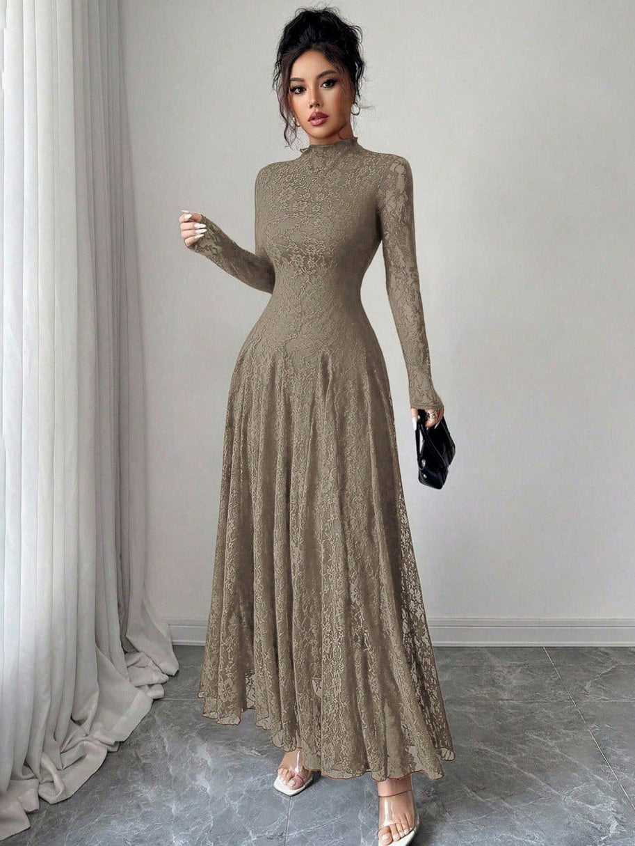 Lace High Neck Long Sleeve Modest Maxi Dress