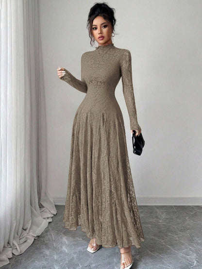 Lace High Neck Long Sleeve Modest Maxi Dress
