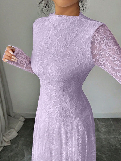 Lace High Neck Long Sleeve Modest Maxi Dress