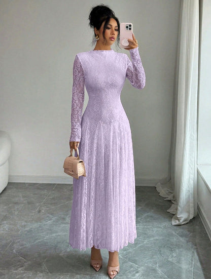 Lace High Neck Long Sleeve Modest Maxi Dress