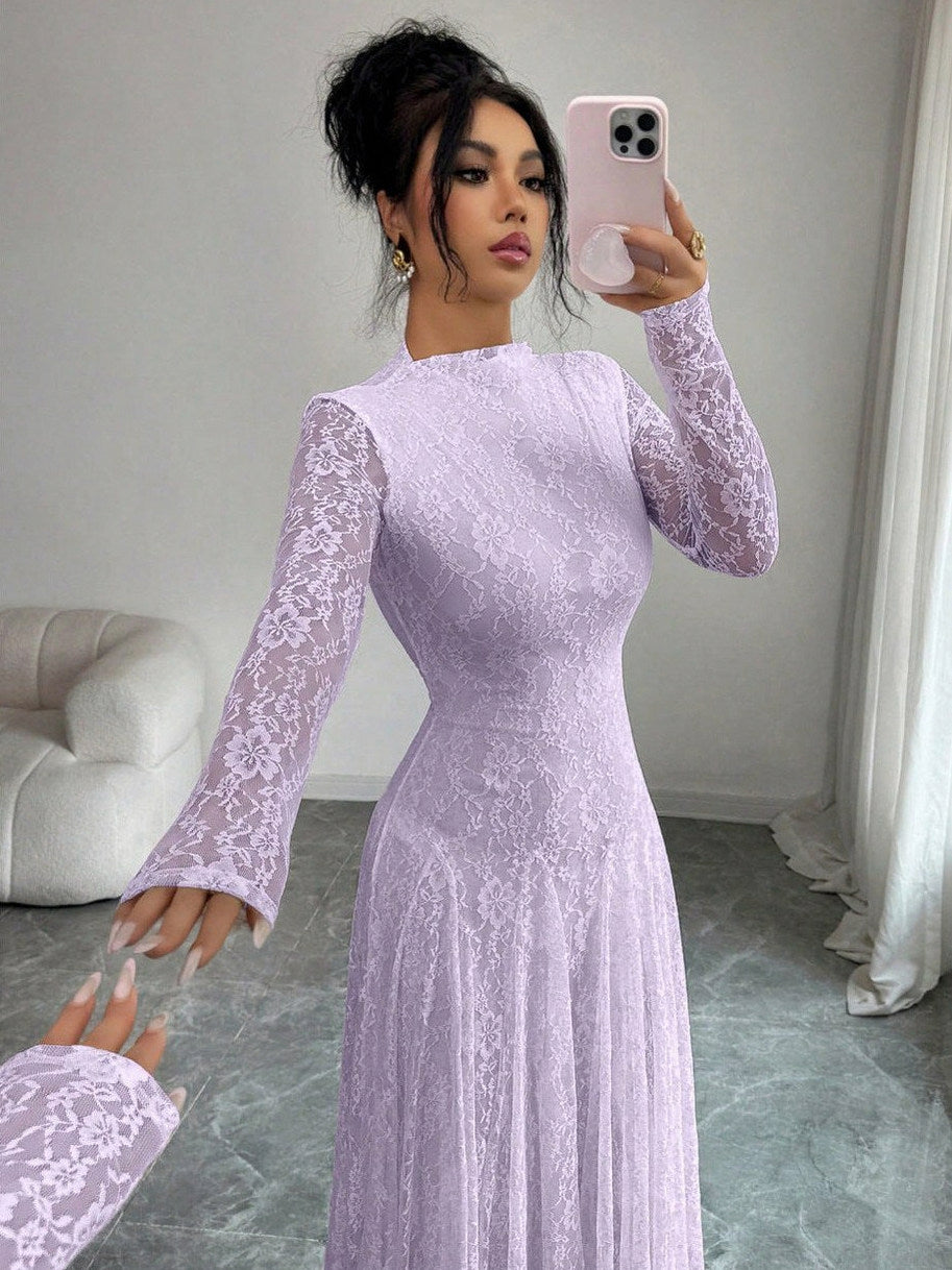 Lace High Neck Long Sleeve Modest Maxi Dress