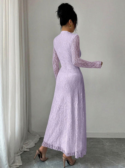 Lace High Neck Long Sleeve Modest Maxi Dress