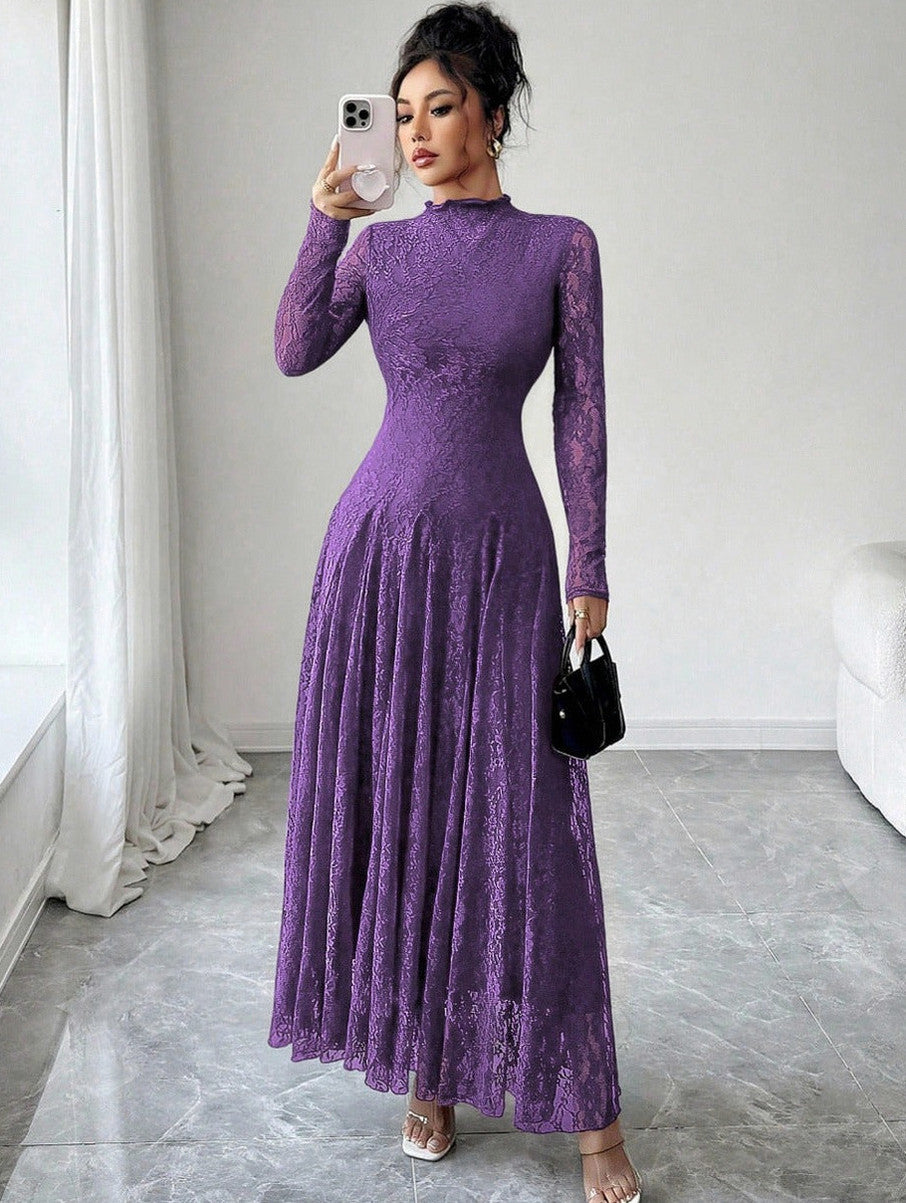 Lace High Neck Long Sleeve Modest Maxi Dress