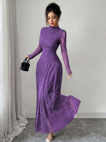 Lace High Neck Long Sleeve Modest Maxi Dress