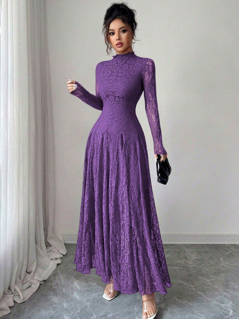 Lace High Neck Long Sleeve Modest Maxi Dress