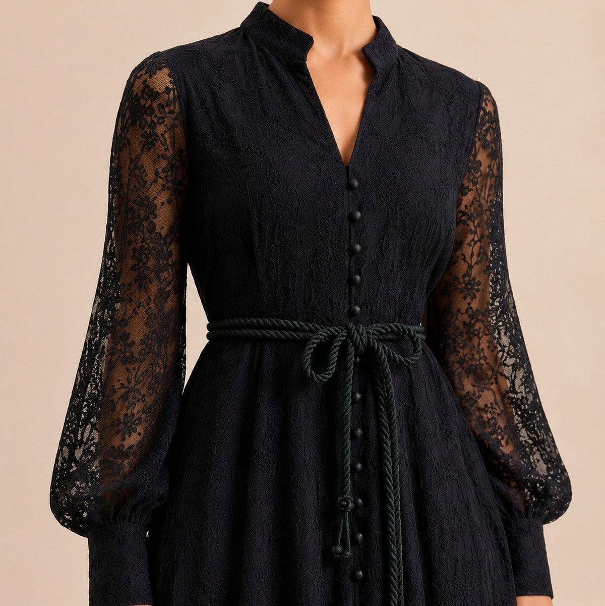 Lace Button Front Balloon Sleeve Maxi Dress