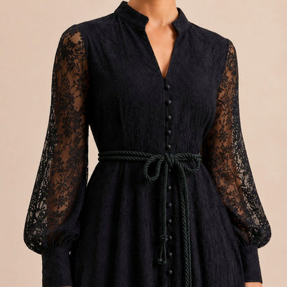 Lace Button Front Balloon Sleeve Maxi Dress