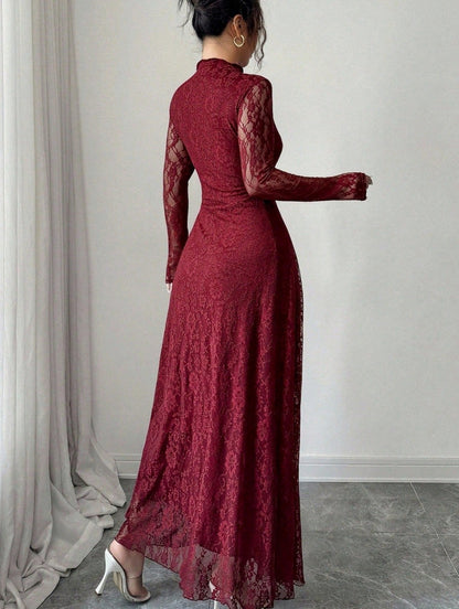 Lace High Neck Long Sleeve Modest Maxi Dress
