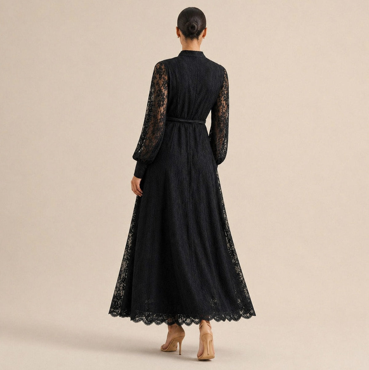 Lace Button Front Balloon Sleeve Maxi Dress
