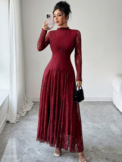 Lace High Neck Long Sleeve Modest Maxi Dress