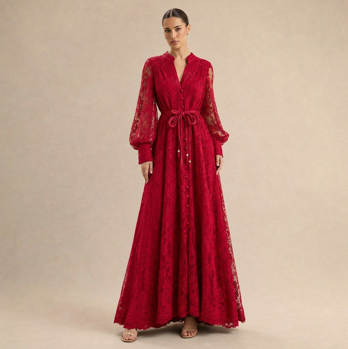Lace Button Front Balloon Sleeve Maxi Dress