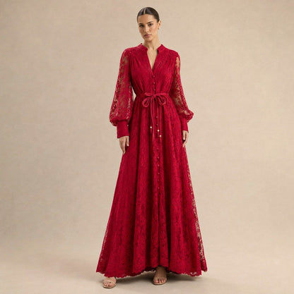 Lace Button Front Balloon Sleeve Maxi Dress