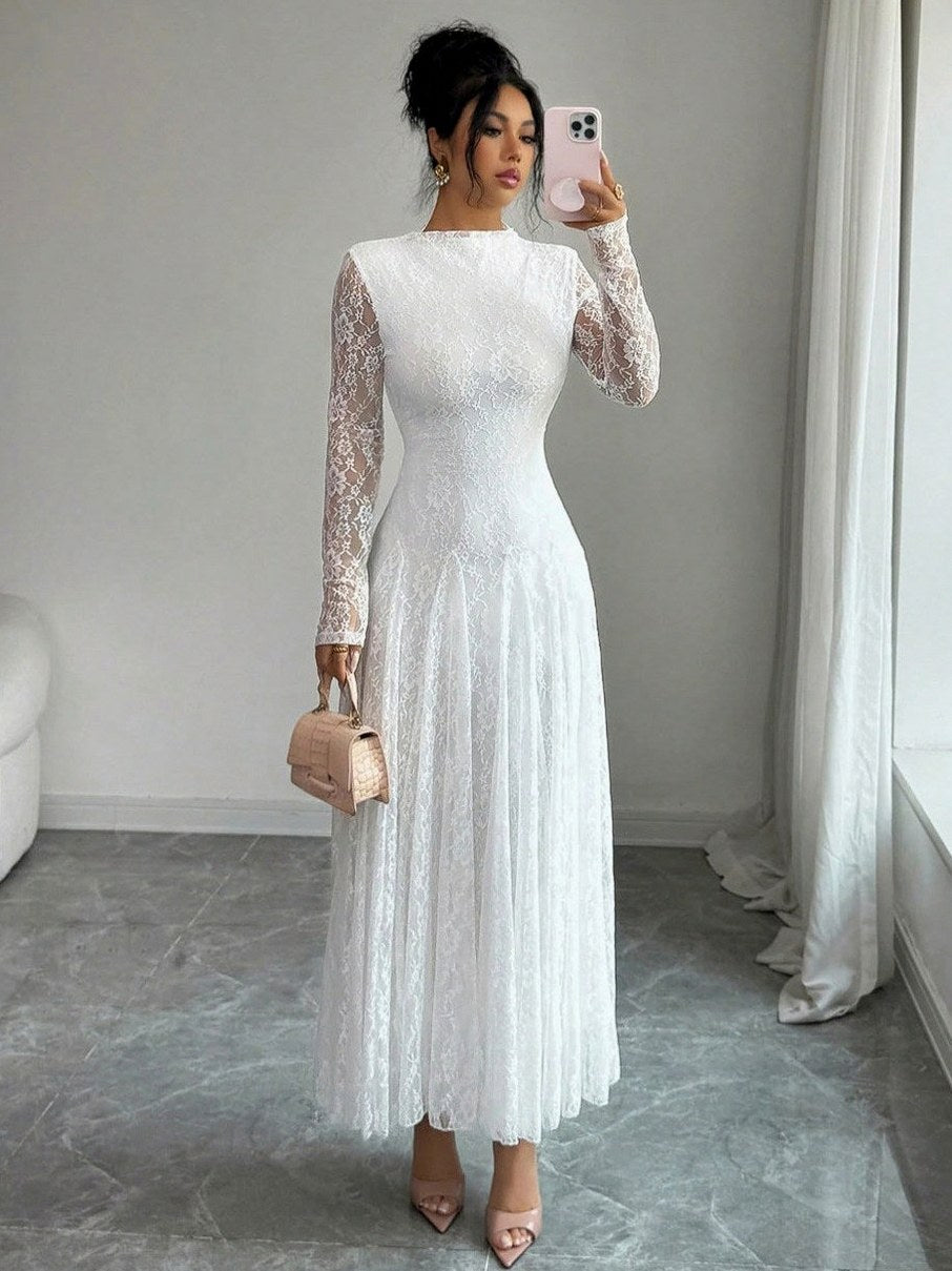 Lace High Neck Long Sleeve Modest Maxi Dress
