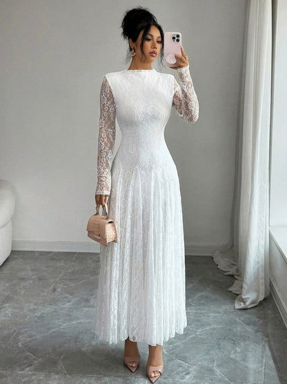 Lace High Neck Long Sleeve Modest Maxi Dress