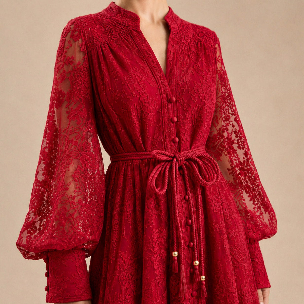 Lace Button Front Balloon Sleeve Maxi Dress
