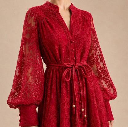 Lace Button Front Balloon Sleeve Maxi Dress