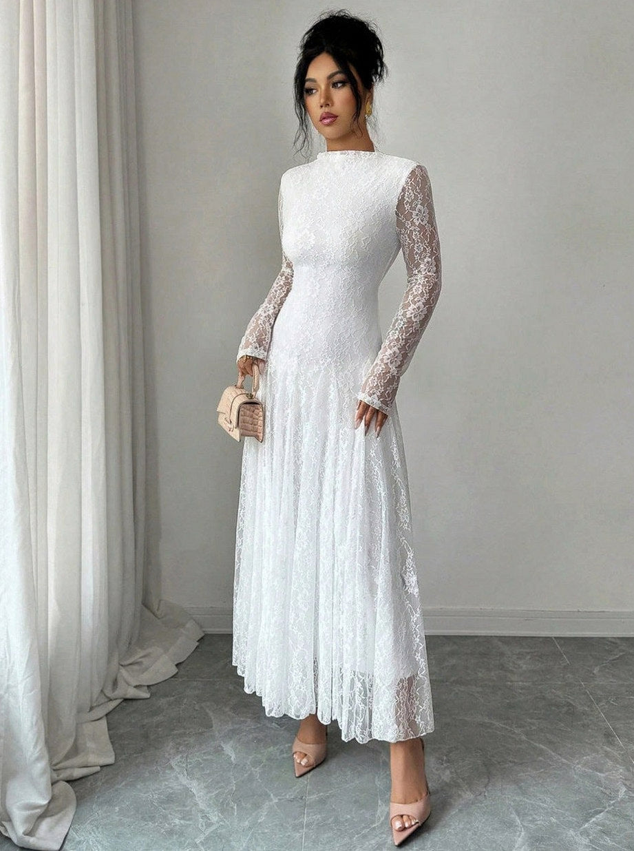 Lace High Neck Long Sleeve Modest Maxi Dress